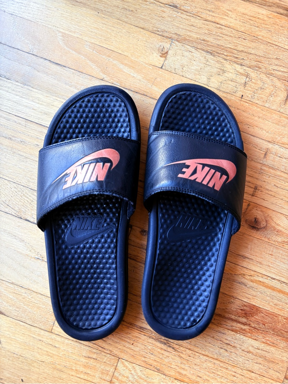 Nike Black Slide Sandals with Rose Gold Swoosh size 9